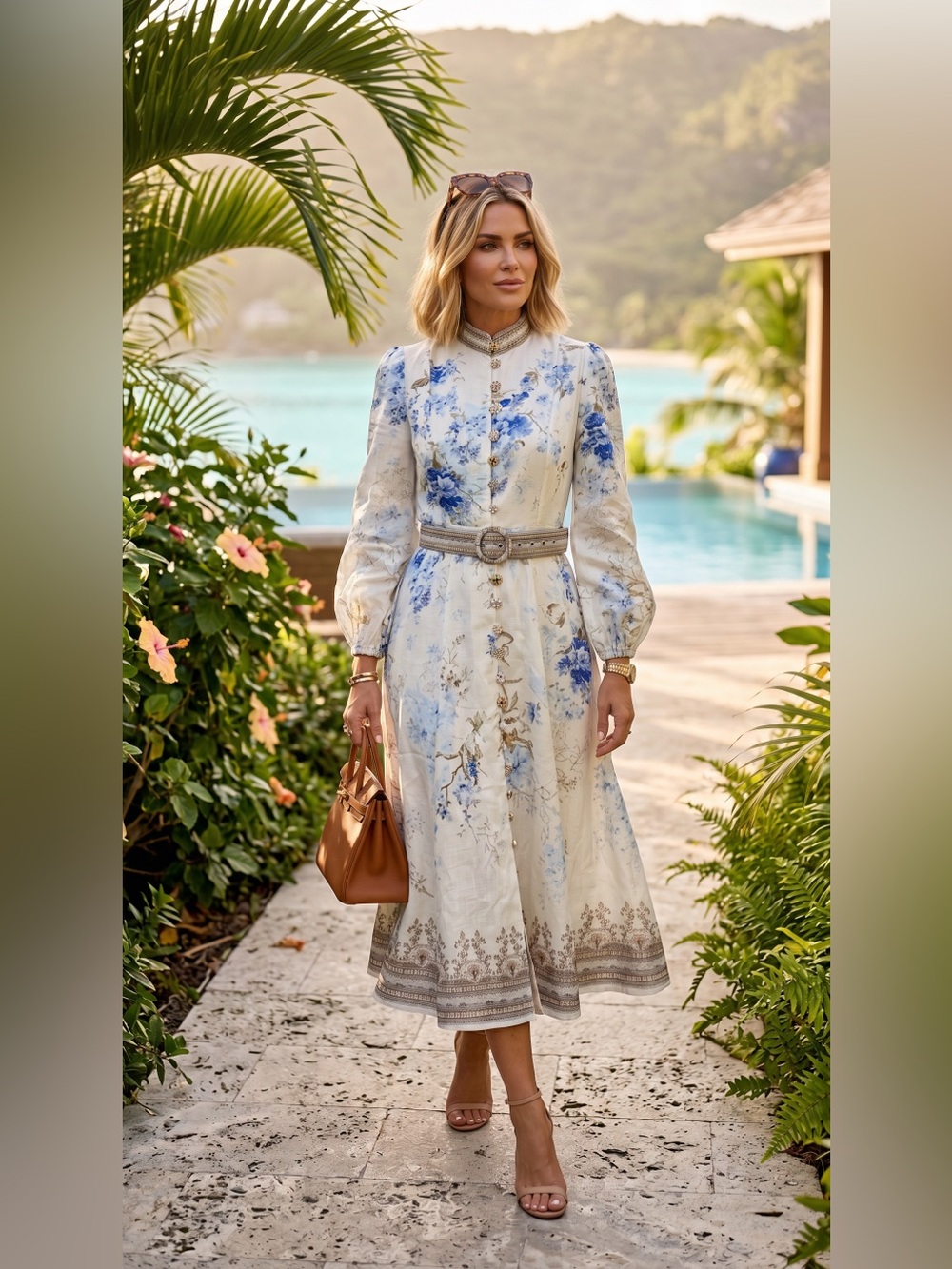Floral Blue and Cream Midi Dress with Belt S/M